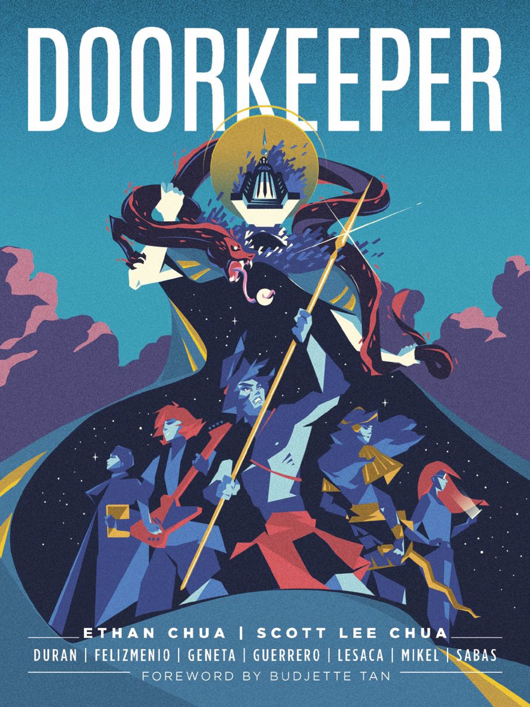 Cover page of Doorkeeper written by Ethan Chua and Scott Lee Chua. Next line. Surnames of artists, from left to right. Duran, Felizmenio, Geneta, Guerrero, Lesaca, Mikel, Sabas. Next line. Foreword by Budjette Tan. The cover is a painting of a robed entity with a door for a head grabbing a thin red dragon that is swallowing the moon. Within the robes are five characters standing side by side. From left to right. Man in priest robes holding book. Woman holding electric guitar. Strong man holding spear. Woman in armor holding a sword. Woman with glasses looking at her phone.