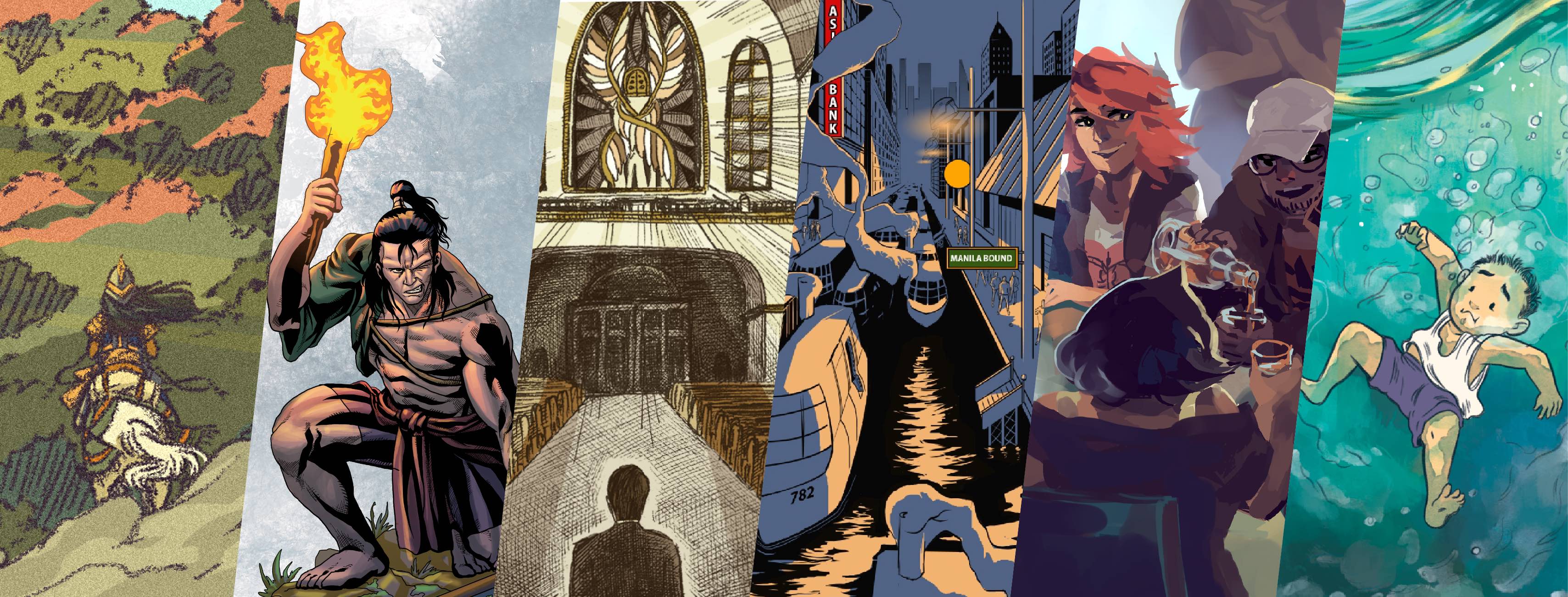 Rectangular montage of six illustrations. Images from left to right are as follows. A woman in armor riding a horse in a forest, seen from the back. A crouched, muscular man holding a lit torch. A priest entering an empty church with a stained glass window. Taxi boats on a river in a flooded city. Three young people chatting over a drink. A boy holding his breath underwater.