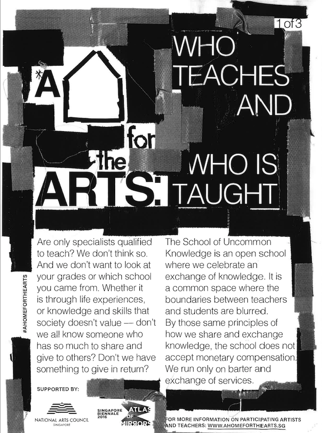 Event poster in black and white entitled, a home for the arts, who teaches and who is taught. The poster also shows the description and sponsors of the event.